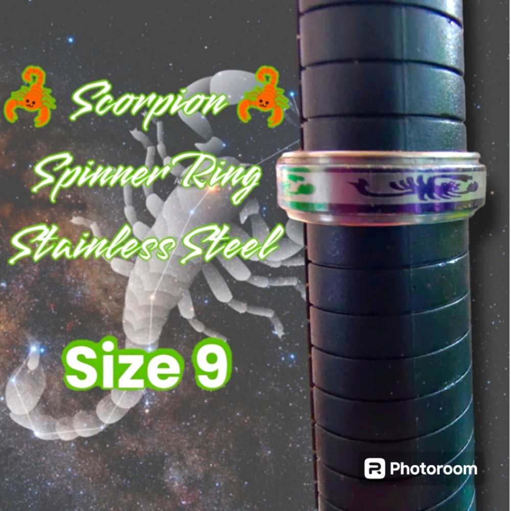 New Unisex Silver & Iridescent Spinner Ring w Scorpion (Scorpio) decor Sz 9